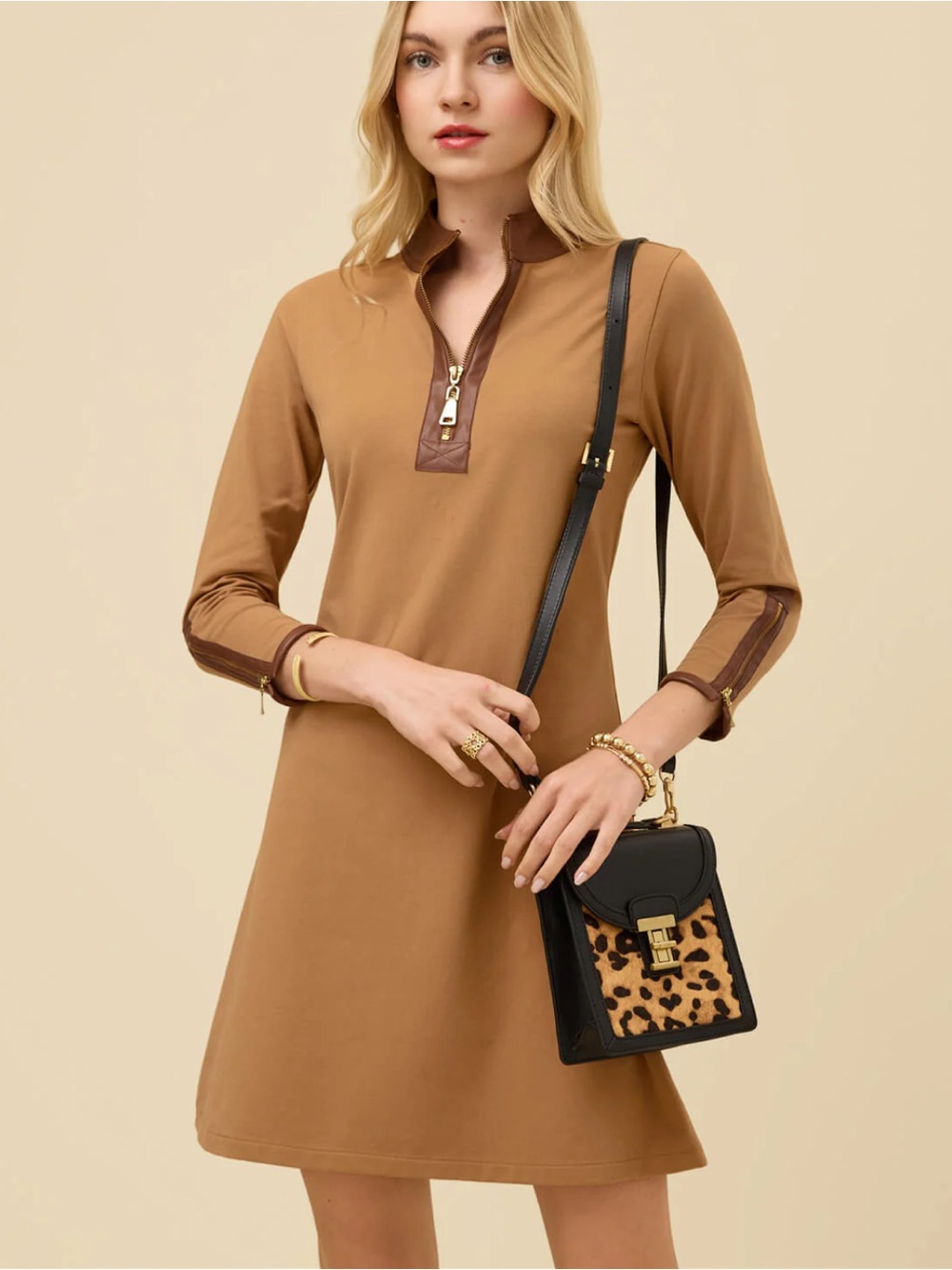 NWT Spartina 449 Nora Half-Zip Dress w/ Vegan Leather Brown Sugar